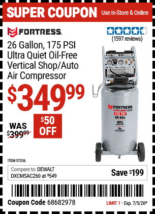 Harbor Freight Coupons, HF Coupons, 20% off - 26 Gallon  175 PSI Ultra Quiet Vertical Shop/Auto Air Compressor