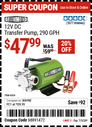Harbor Freight Coupons, HF Coupons, 20% off - 12 Volt Dc Transfer Pump