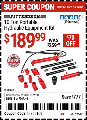 Harbor Freight Coupons, HF Coupons, 20% off - PITTSBURGH 10 Ton Portable Hydraulic Equipment Kit 