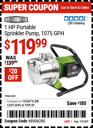 Harbor Freight Coupons, HF Coupons, 20% off - 1 HP Portable Sprinkler Pump 1075 GPH