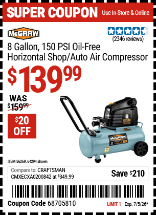Harbor Freight Coupons, HF Coupons, 20% off - Mcgraw 150 Psi, 8 Gallon, 1.5 Hp Horizontal Compressor