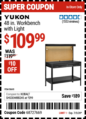 Harbor Freight Coupons, HF Coupons, 20% off - YUKON 48 in. Workbench with Light 