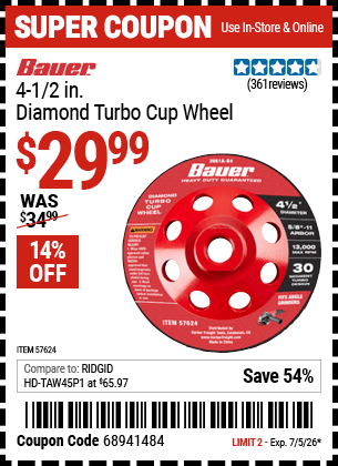 Harbor Freight Coupons, HF Coupons, 20% off - 4-1/2 in. Diamond Turbo Cup Wheel