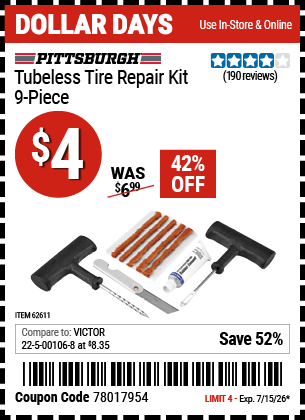 Harbor Freight Coupons, HF Coupons, 20% off - PITTSBURGH AUTOMOTIVE Tubeless Tire Repair Kit 