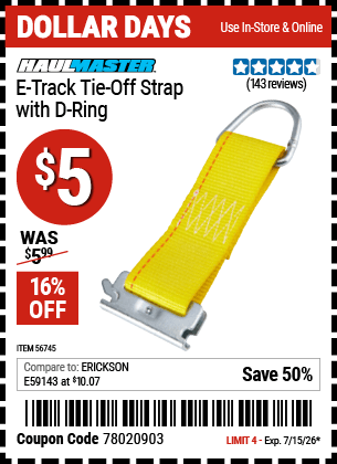 Harbor Freight Coupons, HF Coupons, 20% off - HAUL-MASTER E-Track Tie-Off Strap with D-Ring for $6
