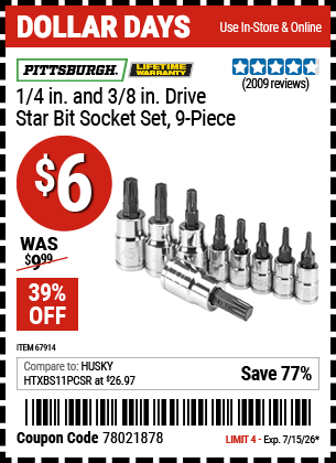 Harbor Freight Coupons, HF Coupons, 20% off - PITTSBURGH - 1/4 In. And 3/8 In. Drive Star Bit Socket Set, 9 Pc.