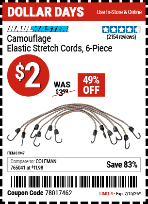 Harbor Freight Coupons, HF Coupons, 20% off - 6 Piece Camouflage Elastic Stretch Cords