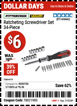 Harbor Freight Coupons, HF Coupons, 20% off - 34 Piece Ratcheting Screwdriver Set