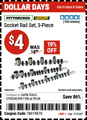 Harbor Freight Coupons, HF Coupons, 20% off - Socket Rail Set, 3 Pc.