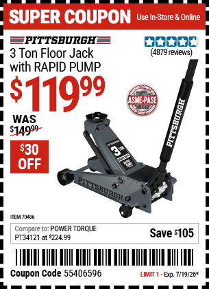 Harbor Freight Coupons, HF Coupons, 20% off - PITTSBURGH 3 Ton Floor Jack with RAPID PUMP for $119.99