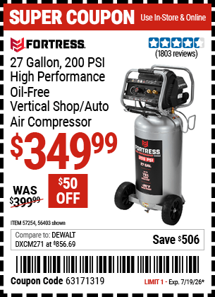 Harbor Freight Coupons, HF Coupons, 20% off - FORTRESS 27 Gallon 200 PSI High Performance Vertical Shop/Auto Air Compressor 