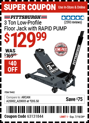 Harbor Freight Coupons, HF Coupons, 20% off - PITTSBURGH 3-Ton Low-Profile Floor Jack with RAPID PUMP 