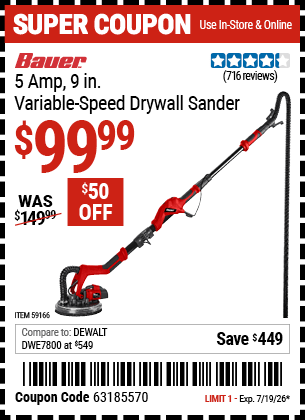 Harbor Freight Coupons, HF Coupons, 20% off - BAUER 5 Amp 9 in. Variable Speed Drywall Sander 