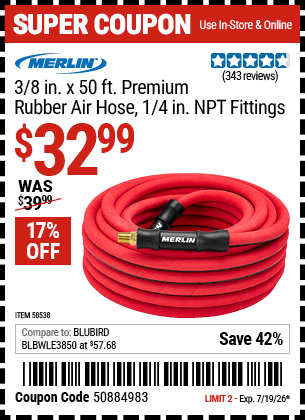 Harbor Freight Coupons, HF Coupons, 20% off - MERLIN 3/8 in. x 50 ft. Premium Rubber Air Hose for $29.99