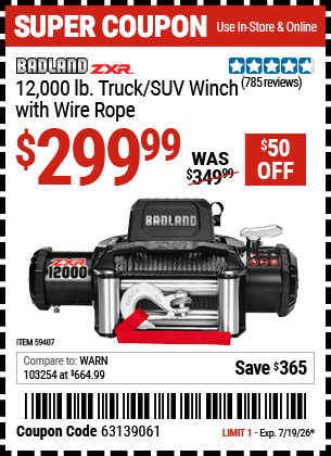 Harbor Freight Coupons, HF Coupons, 20% off - BADLAND ZXR 12 -000 lb. Truck/SUV Winch with Wire Rope 