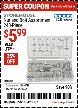 Harbor Freight Coupons, HF Coupons, 20% off - 240 Piece Nut And Bolt Assortment