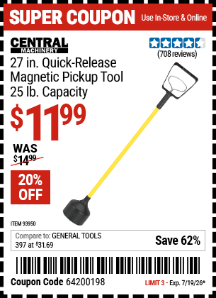 Harbor Freight Coupons, HF Coupons, 20% off - CENTRAL MACHINERY Long Reach Magnetic Pickup Tool with Quick Release 