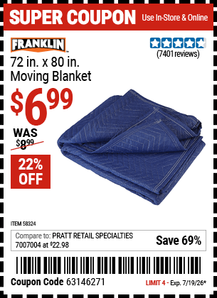 Harbor Freight Coupons, HF Coupons, 20% off - FRANKLIN 72 in. x 80 in. Moving Blanket 