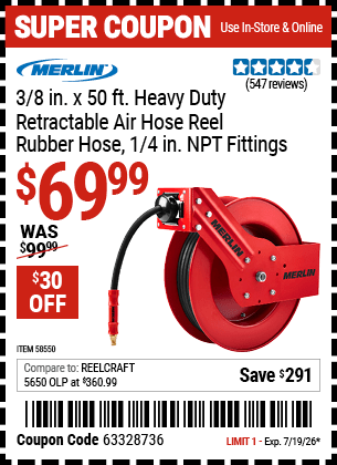 Harbor Freight Coupons, HF Coupons, 20% off - 3/8 in. x 50 ft. Premium Retractable Air Hose Reel