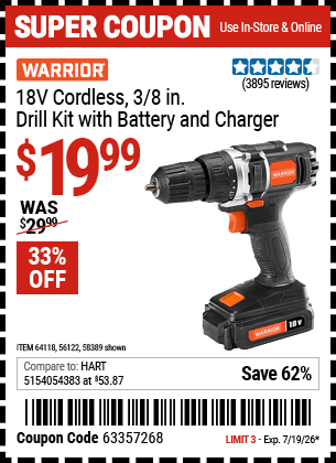 Harbor Freight Coupons, HF Coupons, 20% off - 18 Volt Lithium Cordless 3/8