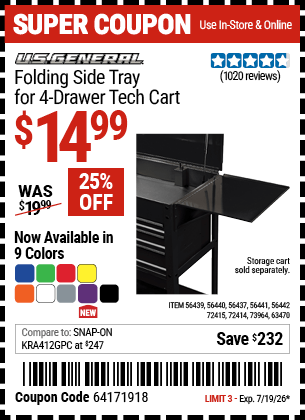 Harbor Freight Coupons, HF Coupons, 20% off - 4 Drawer Tech Cart Folding Side Trays