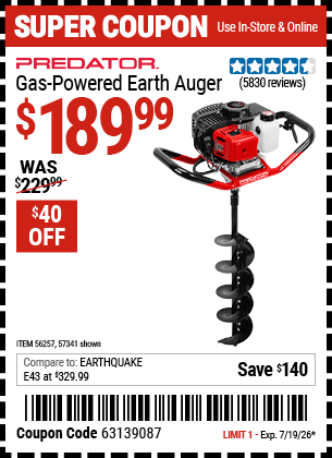 Harbor Freight Coupons, HF Coupons, 20% off - PREDATOR Gas Powered Earth Auger 