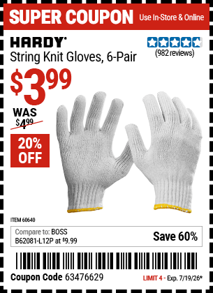 Harbor Freight Coupons, HF Coupons, 20% off - String Knit Gloves- 6 Pairs