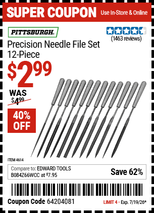 Harbor Freight Coupons, HF Coupons, 20% off - 12 Piece Precision Needle File Set
