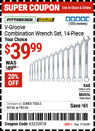 Harbor Freight Coupons, HF Coupons, 20% off - 14 Piece V-groove Fully Polished Combination Wrench Sets