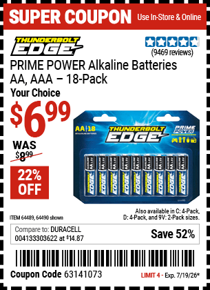 Harbor Freight Coupons, HF Coupons, 20% off - THUNDERBOLT EDGE Alkaline Batteries for $4.99