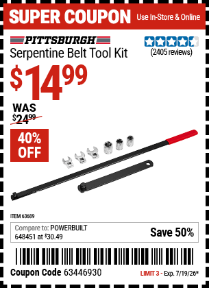 Harbor Freight Coupons, HF Coupons, 20% off - Serpentine Belt Tool Kit