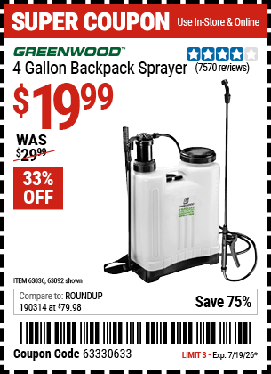 Harbor Freight Coupons, HF Coupons, 20% off - 4 Gallon Backpack Sprayer