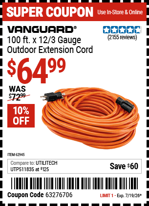 Harbor Freight Coupons, HF Coupons, 20% off - Vanguard 100 Ft. X 12 Gauge Indoor/outdoor Extension Cord