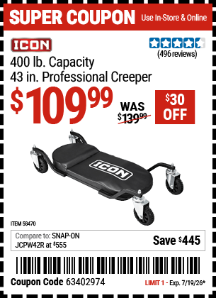 Harbor Freight Coupons, HF Coupons, 20% off - ICON 43 in. Professional Creeper for $109.99