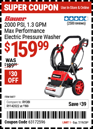 Harbor Freight Coupons, HF Coupons, 20% off - BAUER 2000 PSI Max Performance Electric Pressure Washer for $159.99