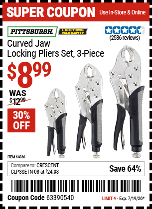 Harbor Freight Coupons, HF Coupons, 20% off - 3 Piece Curved Jaw Locking Pliers Set