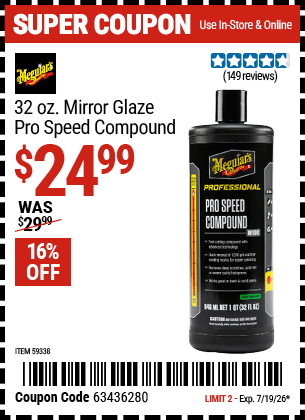 Harbor Freight Coupons, HF Coupons, 20% off - MEGUIAR�S 32 oz. Mirror Glaze Pro Speed Compound for $27.99