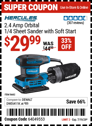 Harbor Freight Coupons, HF Coupons, 20% off - 2.4 Amp Corded 1/4 Sheet Palm Finishing Sander