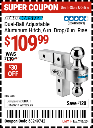 Harbor Freight Coupons, HF Coupons, 20% off - HAUL-MASTER 2-Ball Adjustable Aluminum Hitch for $109.99