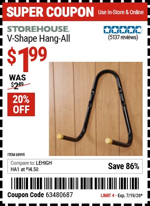 Harbor Freight Coupons, HF Coupons, 20% off - STOREHOUSE V-Shape Hang-All for $1.49