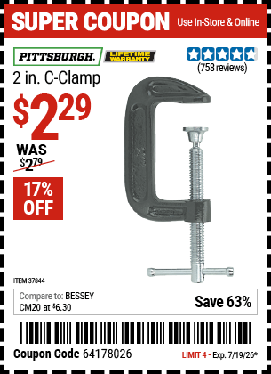 Harbor Freight Coupons, HF Coupons, 20% off - PITTSBURGH 2 in. Industrial C-Clamp for $2.29