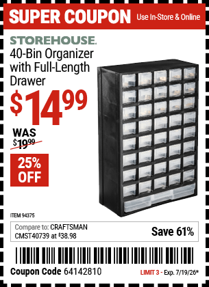 Harbor Freight Coupons, HF Coupons, 20% off - 40 Bin Organizer With Full Length Drawer