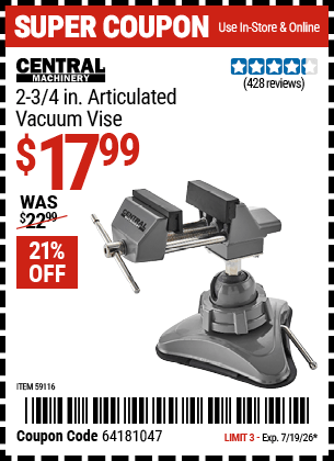 Harbor Freight Coupons, HF Coupons, 20% off - CENTRAL MACHINERY 2-3/4 in. Articulated Vacuum Vise for $14.99