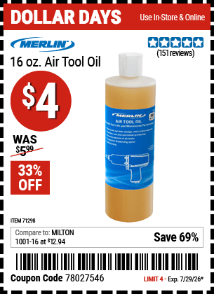Harbor Freight Coupons, HF Coupons, 20% off - MERLIN 16 oz. Air Tool Oil for $3.99