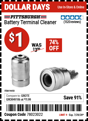 Harbor Freight Coupons, HF Coupons, 20% off - Battery Terminal Cleaner