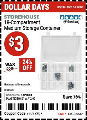 Harbor Freight Coupons, HF Coupons, 20% off - 18 Compartment Medium Storage Container