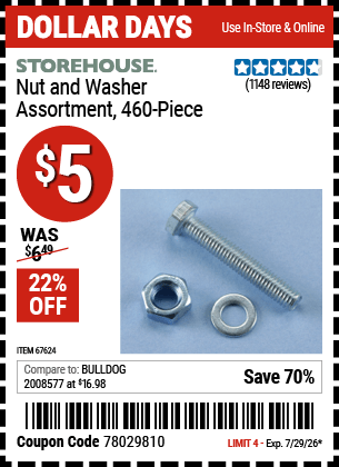 Harbor Freight Coupons, HF Coupons, 20% off - 460 Piece Nut And Washer Assortment
