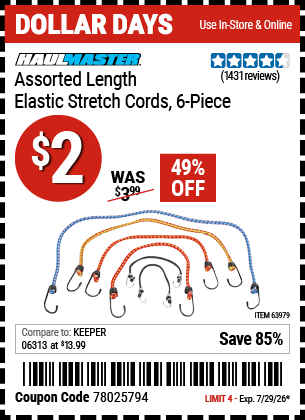 Harbor Freight Coupons, HF Coupons, 20% off - 6 Piece Elastic Stretch Cords