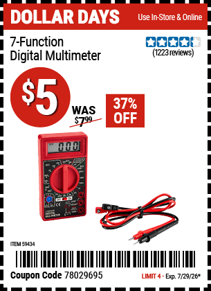 Harbor Freight Coupons, HF Coupons, 20% off - 7-Function Digital Multimeter for $4.92