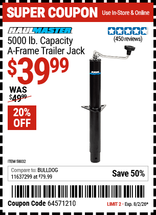 Harbor Freight Coupons, HF Coupons, 20% off - HAUL-MASTER 5000 lb. Capacity A-Frame Trailer Jack for $39.99